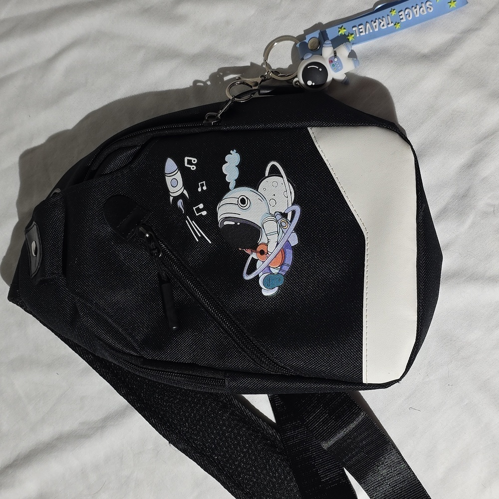 New! Astronaut With Guitar Rocket Black Sling Bag Backpack Kids Cartoon Fun - Picture 6 of 10